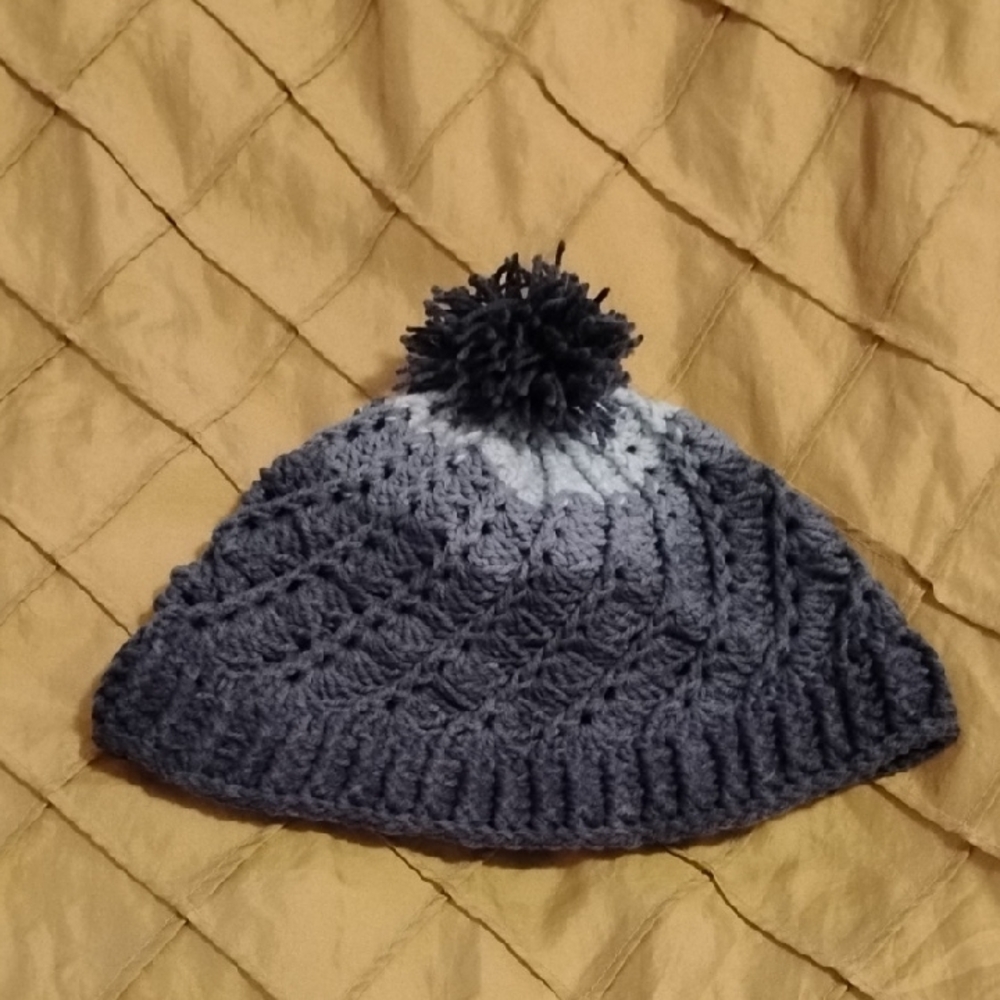 Handmade Crocheted Women's Size Small Blue Acrylic Beanie With Pom Pom